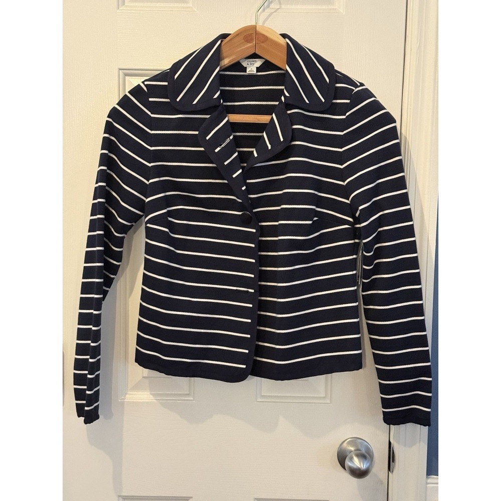 Crown & Ivy Women's Striped Blazer Navy White Classic Spring‎ Professional NWT